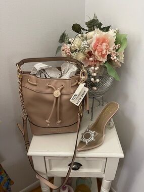 Anne Klein Tan-Taupe Drawstring Bucket Bag with Chain Strap